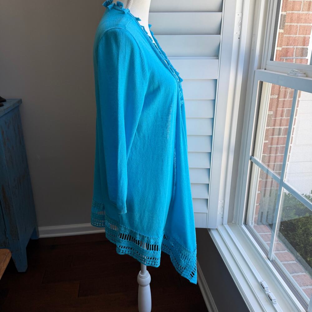 CHICO'S Blue Linen Blend Tassel Trim Open Front Cardigan Boho Sweater Size 1 - Picture 4 of 12